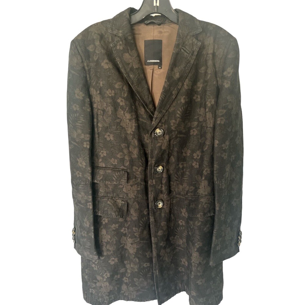 J Lindeberg Mens Botanic Brown Jacquard Long Topcoat Blazer Jacket RARE Sz 48